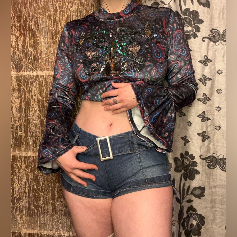 Free People Cropped Velvet Bell Sleeve Top With Beading